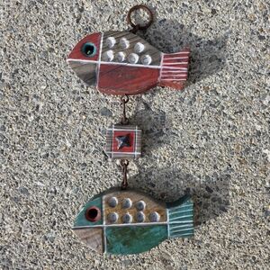 70's Wooden Fish On Metal Chain Rustic Carved Painted Nautical Decor